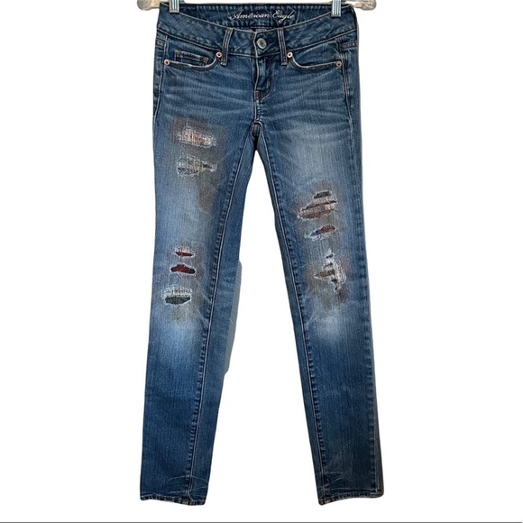 AEO Distressed Patched Colorful Factory Stitching Skinny Jeans - Picture 1 of 14